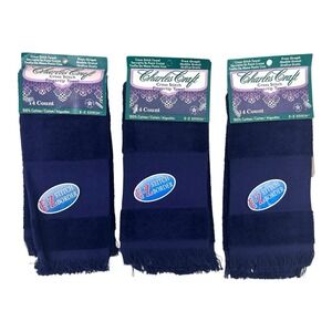 Vintage Charles Craft Cross Stitch Fingertip Towels Navy 14 Count Set Of 3 USA